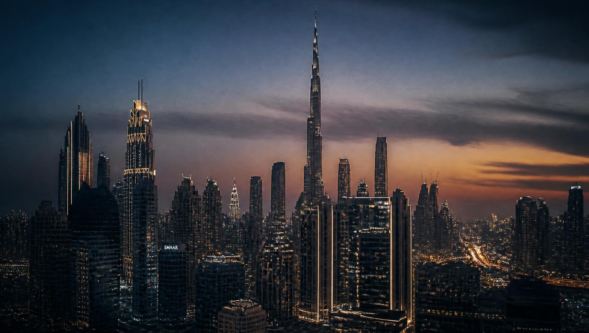 Dubai skyline at dusk seen from above